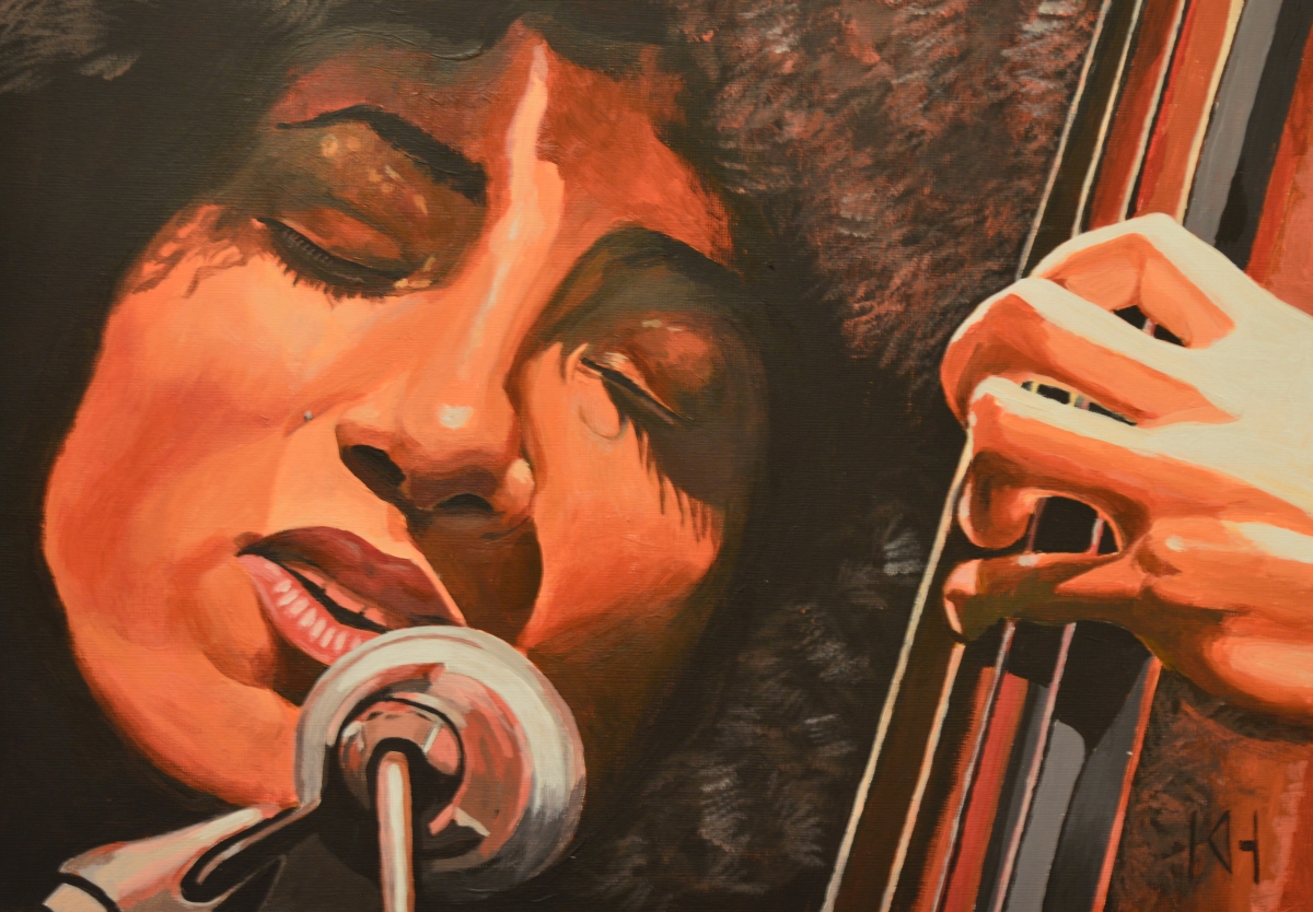 Esperanza Spalding acrylic portrait painting by Keith Hemsley